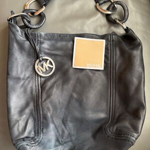 Michael Kors Black Leather Shoulder Bag with Silver Accents